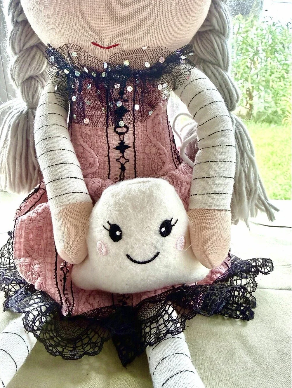 Pink Halloween Shelf Sitter Plush Witch Doll Holding Ghost 18” By Magical Season